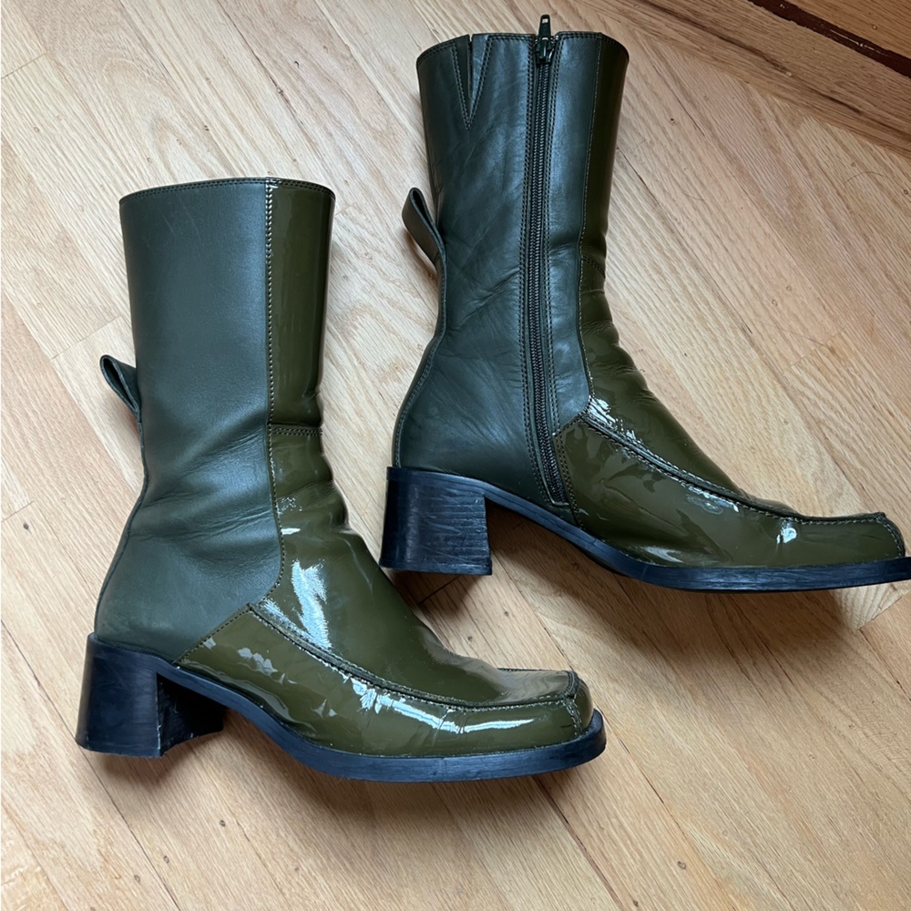 Miista Olive Green Patent Leather Mid-Calf Boots